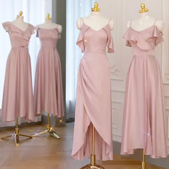Розова рокля на шаферка, сексуална атласное рокля за група от сестри, Сватбени рокли за жени, парти, сватба вечер Bu10096