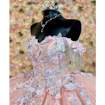 Розови буйни рокли принцеса с открити рамене, дантелени апликации, кристално бална рокля, сладки 16 рокли, Vestidos De 15 Años по поръчка