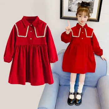 Рокля за момичета пролет есен Коледа Парти по случай рождения Ден на детски червени рокли корейската мода Връхни дрехи за момичета от 6, 8, 10, 12, 13 години