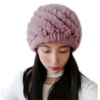 Русия, нов цвят, зимна шапка от естествена кожа заек Рекс, дамска шапка ръчно плетени, топли шапки от естествена кожа