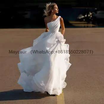 Сватбени рокли трапецовидна форма с едно рамо, без ръкави, с гънки, с дължина до пода, богемные плажни рокли Vestido Noiva Sereia 2023