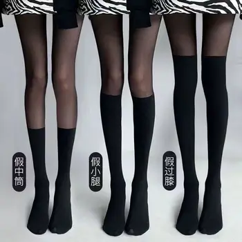 Секси дамски чорапи, Чорапогащи в стил мозайка, прозрачни черни чорапи до бедрото, новост, Костюми за момичета в стил Лолита, чорапи над коляното райе