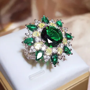 Сребърен Цвят, преувеличени зелен пръстен с кубическим цирконием за жени, Модерно индивидуално пръстен, Женски хубав подарък, Сватбени декорации