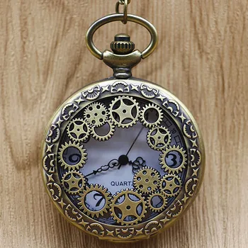 Старинни медни кварцови часовници джобни в стил steampunk, винтажное бронзова шестеренчатое кух колие, висулка часовници с веригата, мъжки и женски подаръци