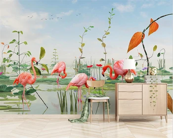 Тапети по поръчка, 3d модерна минималистичная малка прясна стенопис, растение в езерото с lotus, фламинго, TV-фон, декорация на стените papel de parede