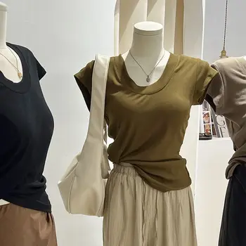 Тениска BEENLE с U-образно деколте -Годишна жена Тънка Еластична тениска за отслабване, Дизайн Sense, Елегантни Модни Тениски с къс ръкав и дясното рамо
