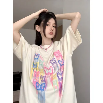 Тениска с принтом дъгата пеперуда, женски лятна корейската версия 2023, нов Свободен топ със средна дължина, с кръгло деколте, Ins