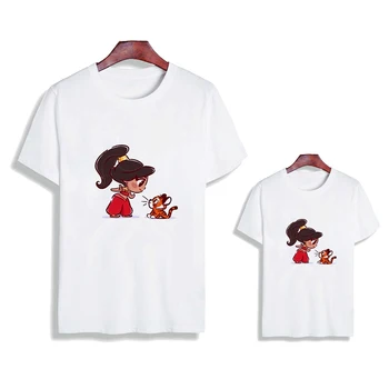 Тениски с принцеса Жасмин и социалният Kawai, женски нови детски блузи, свободна тениска, летни дрехи за майка и дъщеря, бял, с кръгло деколте, семеен начин на