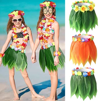 Хавайски изкуствени тропически листа Цвете пола Хула бохо танцови поли за партита за деца и възрастни Хавайска пола от трева Костюм за плаж, почивка