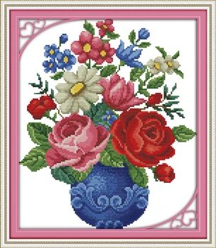 Цъфтящи цветя във ваза, определени за кръстат бод, цвете 14 карата, 11 ct, кърпа с принтом, платно, бродерия, направи си сам, бродирани ръчно изработени
