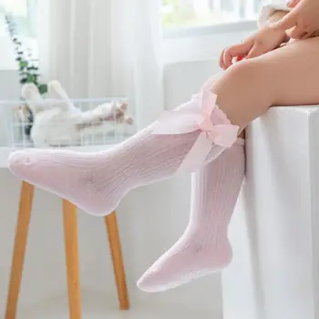 Чорап за малки момичета, дълги чорапи, монофонични чорапи до коляното с голям нос, сладък завързана чорап принцеса