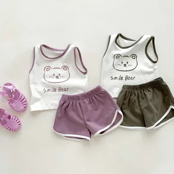 2023 Летни комплекти дрехи за малки момчета, тениски без ръкави и къси панталони с изображение на мечка от корейското филмче Облекло от две части за момиченца
