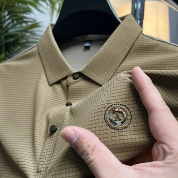 Висококачествена мъжка тениска с къс ръкав и вафли, лятна мода 2023, на ревера с бродерия, ледена коприна, безпроблемна готина дишаща риза с къси ръкави