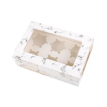 Кафяво-бели мраморни дизайнерски кутии за кифли с 2/4/6 дупки, кутия за кифли, Кутия за бисквити с макарунами, Опаковка с прозрачен прозорец