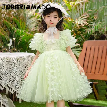 Нова лятна рокля за малки момичета с кръгла яка и апликации, къс ръкав, зелена розова рокля на принцеса с 3D пеперуда, детски дрехи E3110